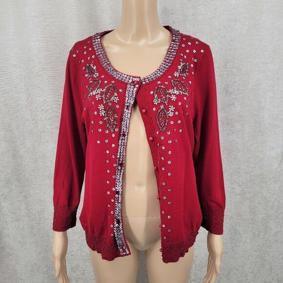 Liz Claiborne Silk Blend Red Embellished Cardigan Sweater Beaded Lined - Picture 3 of 12